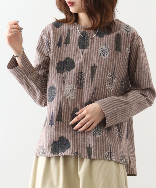 Emago ブラウス シャツ EMAGO 北欧植物刺繍ブラウス レディース