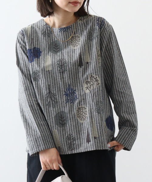 Emago ブラウス シャツ EMAGO 北欧植物刺繍ブラウス レディース