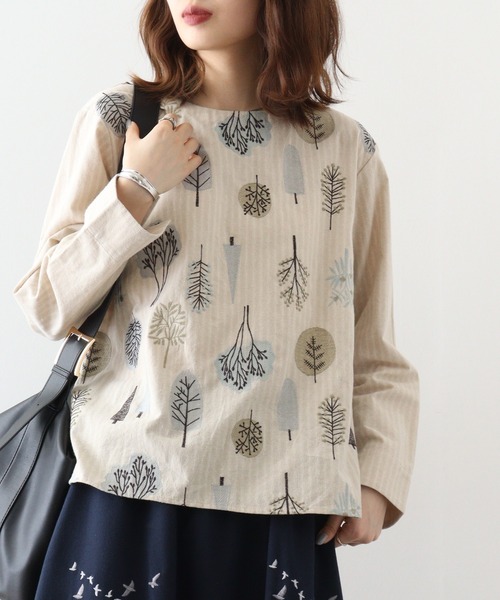 Emago ブラウス シャツ EMAGO 北欧植物刺繍ブラウス レディース