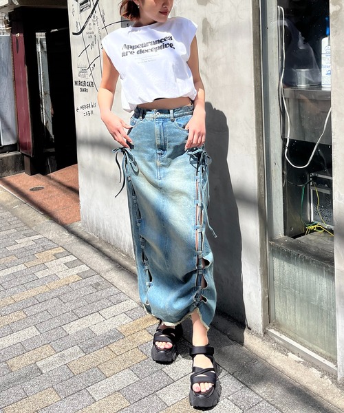 SPIRALGIRL tシャツ 肩パット入りパフプリントノースリーブ