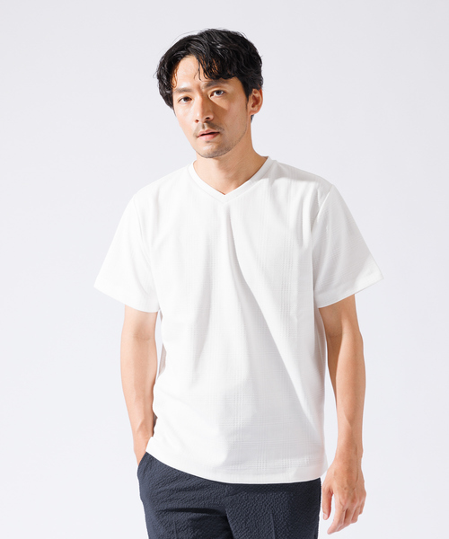 ABAHOUSE GRAY tシャツ 「チェック柄」ジャガード Vネック 半袖 T