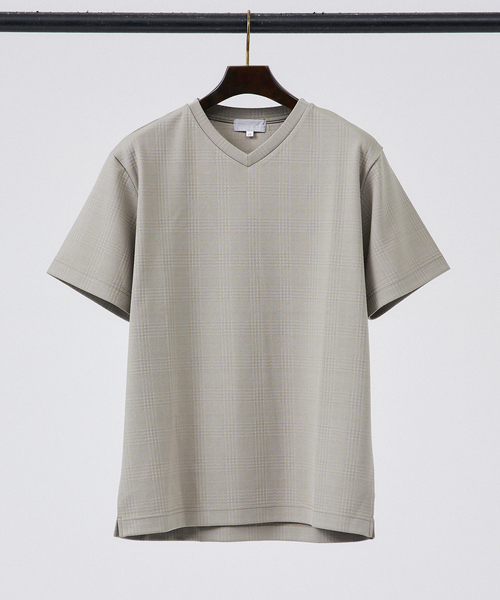 ABAHOUSE GRAY tシャツ 「チェック柄」ジャガード Vネック 半袖 T