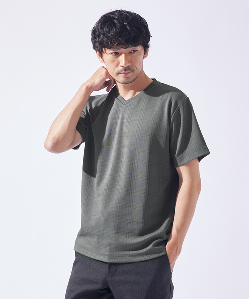ABAHOUSE GRAY tシャツ 「チェック柄」ジャガード Vネック 半袖 T