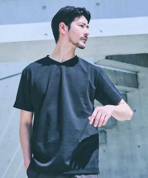 ABAHOUSE GRAY tシャツ 「チェック柄」ジャガード Vネック 半袖 T