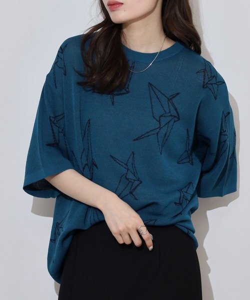 ATELANE セーター ニット ジャガード総柄ニットTシャツ メンズ