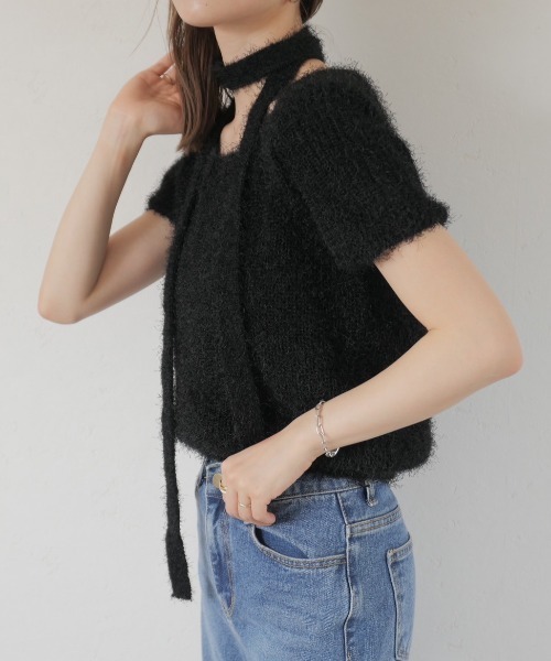 i-SOOK - ニット セーター 半袖チョーカー 半袖チョーカーニット／half sleeve choker knit クルーネック