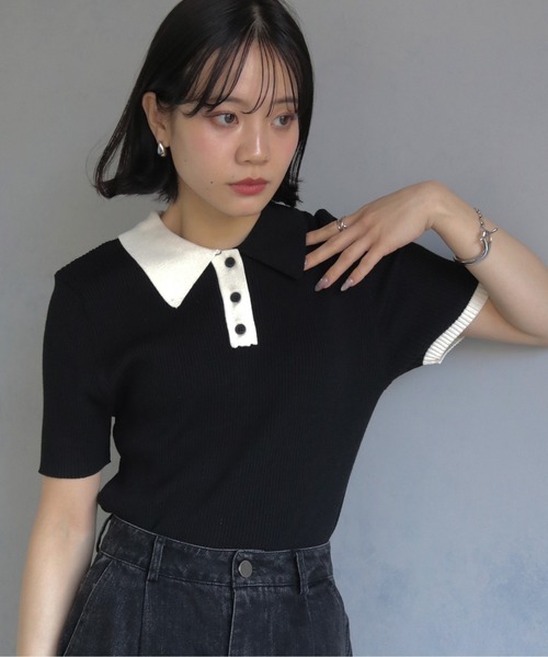 美品 セオリー 22SS ポロニット リブ ネイビー 半袖 セール】配色半袖ポロニット（ニット/セーター）｜Riberry