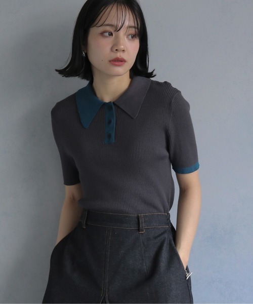 美品 セオリー 22SS ポロニット リブ ネイビー 半袖 cheriella ニット セーター 「cheriella」配色ポロリブニット