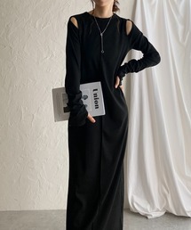 タイト フレア ワンピース ロング 肩あき カジュアル 綺麗 韓国 She's Closet ワンピース オープンショルダー肩あき長袖