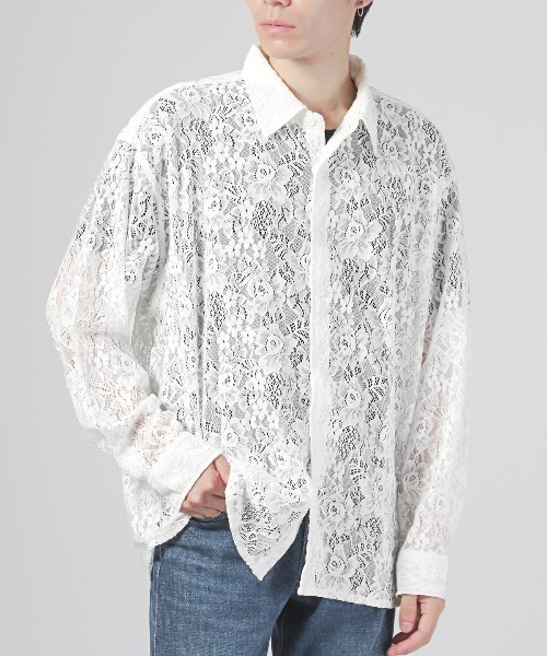 LUXSTYLE シャツ フラワーレース編み長袖シアーシャツ メンズ