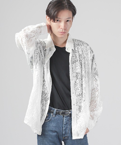 LUXSTYLE（ラグスタイル） シャツ フラワーレース編み長袖シアーシャツ