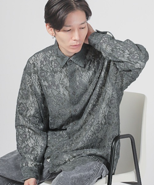 LUXSTYLE シャツ フラワーレース編み長袖シアーシャツ メンズ