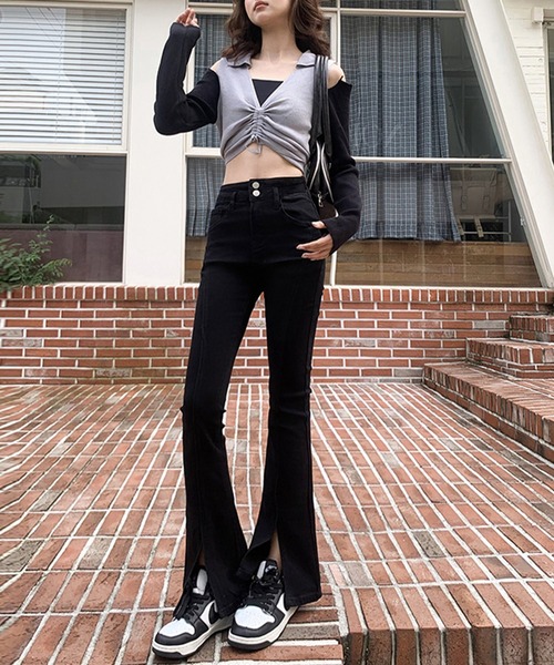 デニムパンツ レトロ 裾ステッチ ワイドレッグ フレア 韓国a1554 ジーンズ デニム デニムパンツ 脇リボンレースアップデニム
