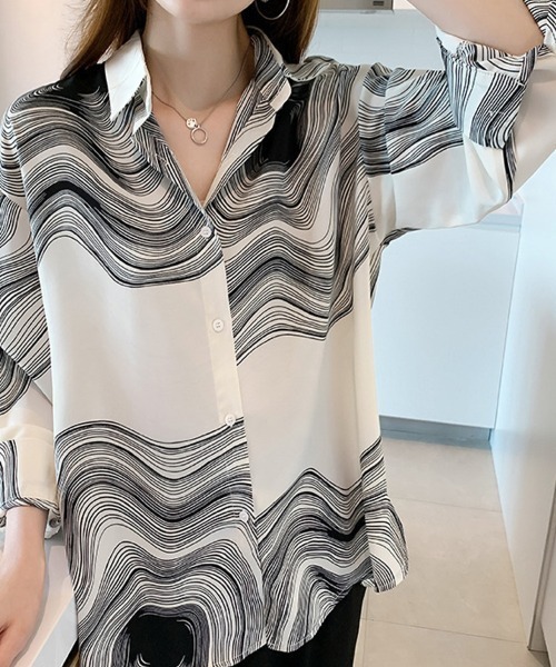【美品】フミエタナカ 幾何学模様 長袖 タイ付き ブラウス シャツ shoppinggo ブラウス シャツ 幾何学柄長袖シャツ 渦巻き レディース