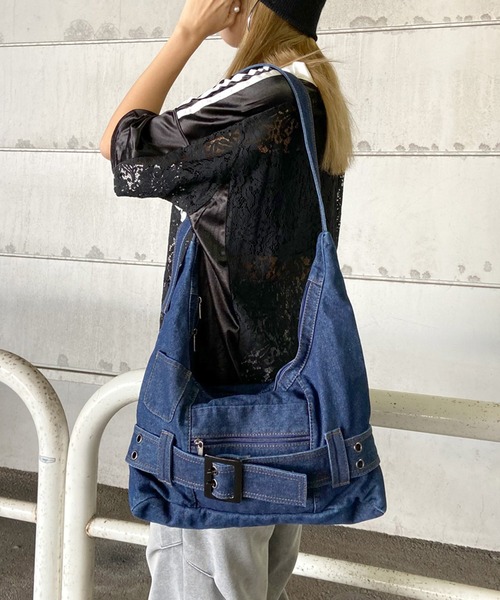 rire ショルダーバッグ バッグ フロントベルトデニムショルダーバッグ