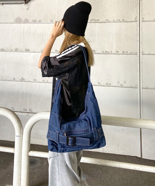 rire ショルダーバッグ バッグ フロントベルトデニムショルダーバッグ