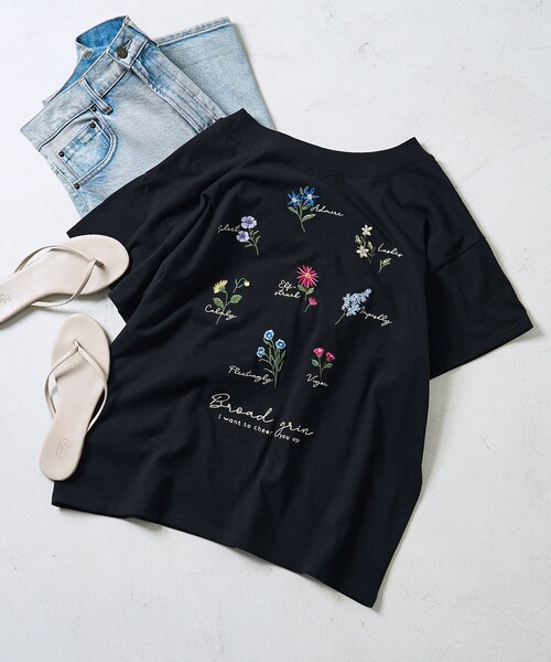 「FREAK'S STORE」 半袖カットソー フリ- ブラック レディース FREAK'S STORE tシャツ 花刺繍Tシャツ「限定展開」 レディース