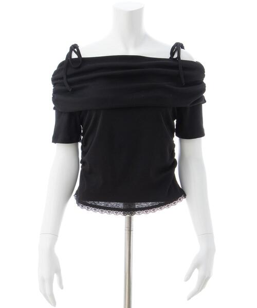 肩リボントップス レディース Achic tシャツ ギャザーデザインアシメ肩出し 肩リボントップス