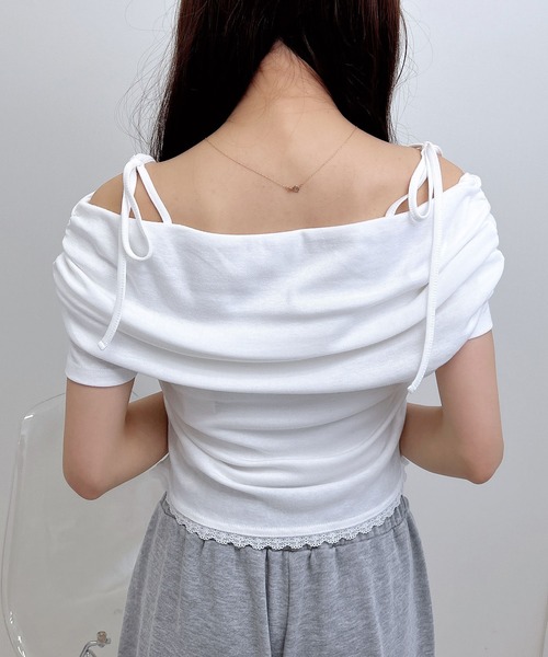 INGNI tシャツ サイドギャザー肩リボンオフショルトップス
