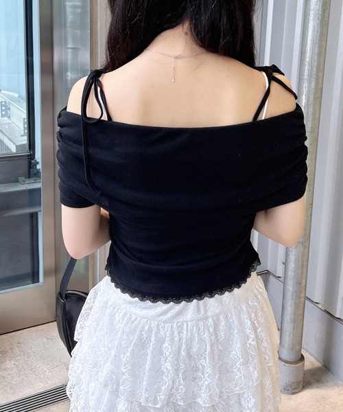 サイドリボンオフショルトップス ブラック INGNI（イング） tシャツ サイドギャザー肩リボンオフショルトップス