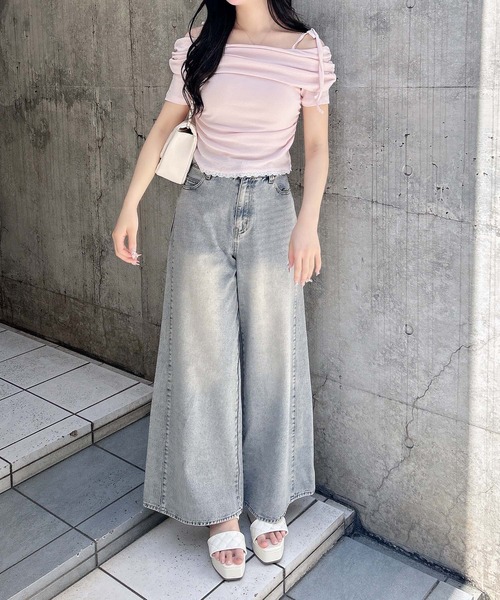 INGNI tシャツ サイドギャザー肩リボンオフショルトップス