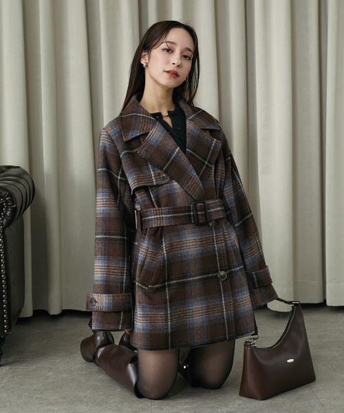 Elishe ステンカラーコート コート 2WAYチェックミドルコート