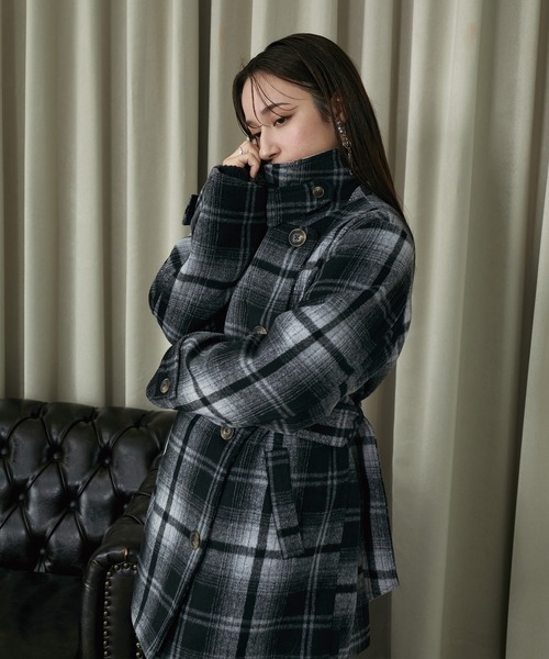 Elishe ステンカラーコート コート 2WAYチェックミドルコート