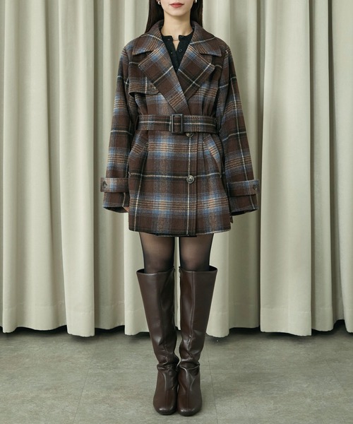 Elishe ステンカラーコート コート 2WAYチェックミドルコート