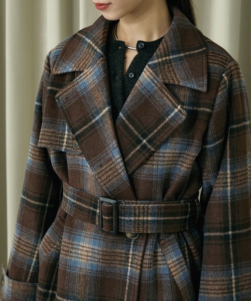 Elishe ステンカラーコート コート 2WAYチェックミドルコート