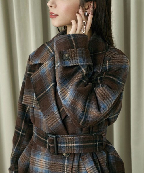 Elishe ステンカラーコート コート 2WAYチェックミドルコート