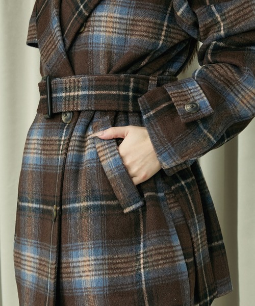 Elishe ステンカラーコート コート 2WAYチェックミドルコート