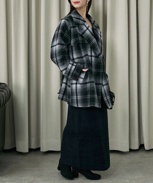 Elishe ステンカラーコート コート 2WAYチェックミドルコート