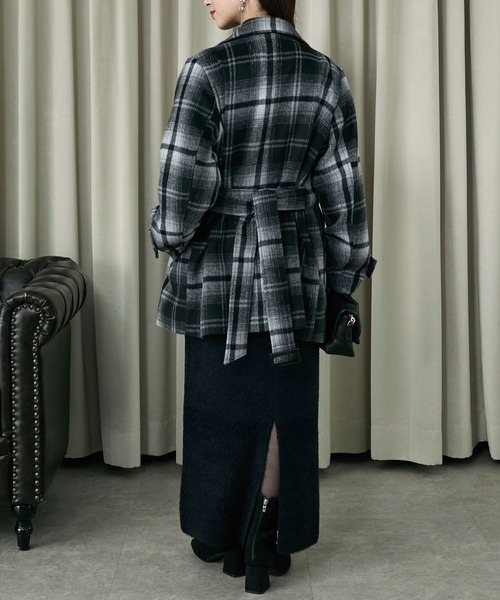 Elishe ステンカラーコート コート 2WAYチェックミドルコート