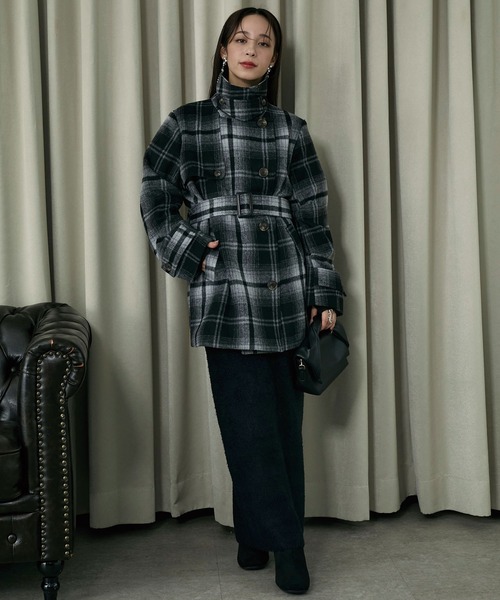 Elishe ステンカラーコート コート 2WAYチェックミドルコート