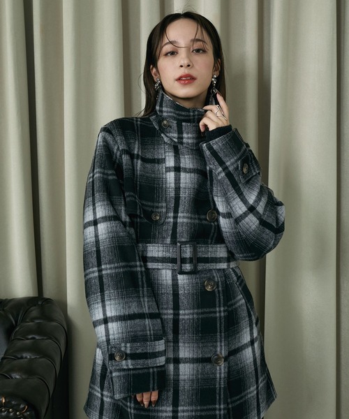 Elishe ステンカラーコート コート 2WAYチェックミドルコート