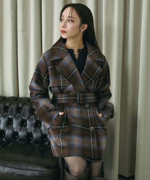 Elishe ステンカラーコート コート 2WAYチェックミドルコート