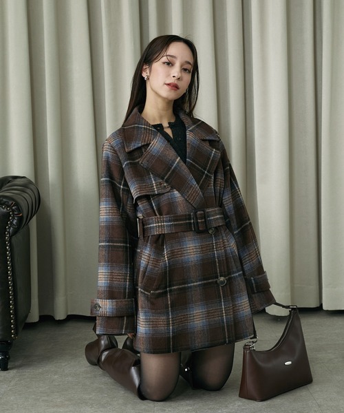 Elishe ステンカラーコート コート 2WAYチェックミドルコート