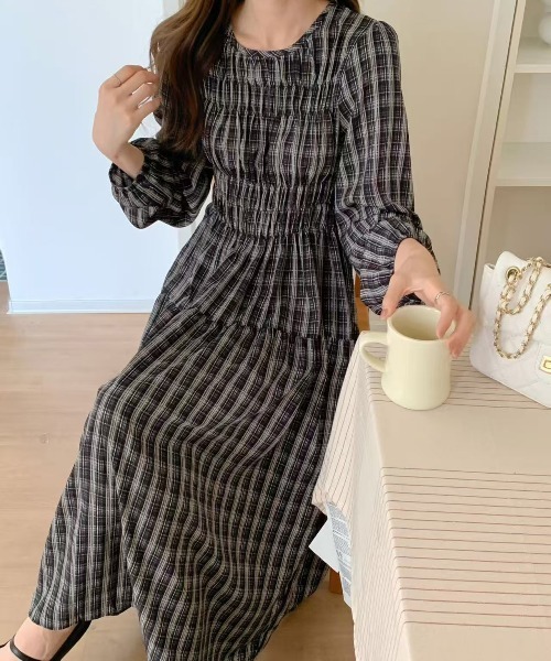 FINEnough ワンピース チェック柄シャーリングワンピース : ZOZOTOWN