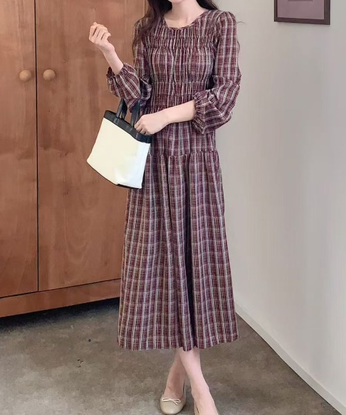 FINEnough ワンピース チェック柄シャーリングワンピース : ZOZOTOWN