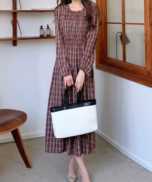 FINEnough ワンピース チェック柄シャーリングワンピース : ZOZOTOWN