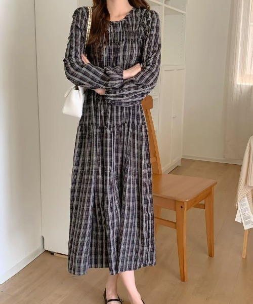 FINEnough ワンピース チェック柄シャーリングワンピース : ZOZOTOWN