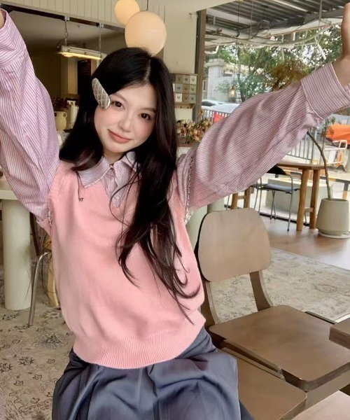 AsRiRe ニット セーター 25aw 前ししゅうロゴ/シャツレイヤード風