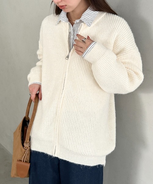 カーディガン ノーカラージップニットカーディガン レディース