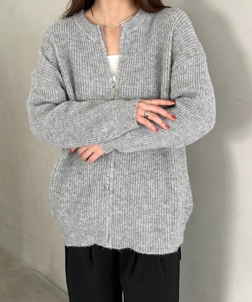 カーディガン ノーカラージップニットカーディガン レディース
