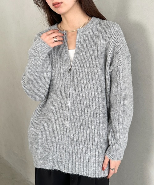 カーディガン ノーカラージップニットカーディガン レディース