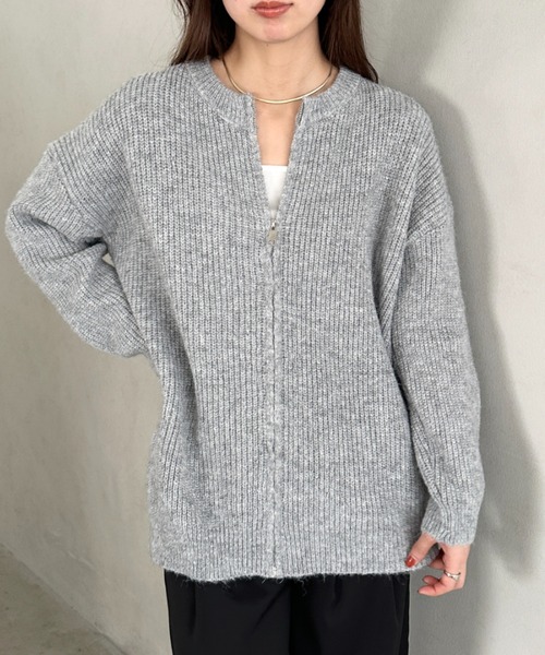 カーディガン ノーカラージップニットカーディガン レディース