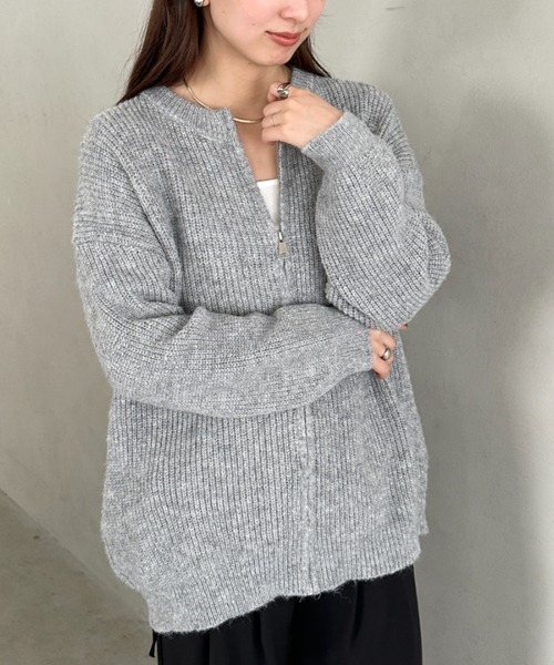 カーディガン ノーカラージップニットカーディガン レディース