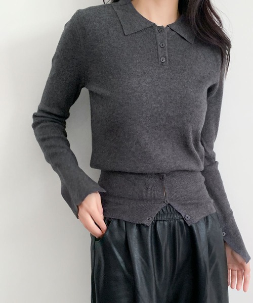 黒のポロニット 長袖 LOWO ニット セーター ポロニット ニット 長袖 トップス レディース 襟