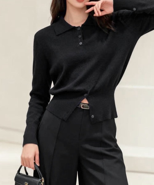 【超希少】Stone  ブラック長袖ニット襟付きポロシャツ LOWO ニット セーター ポロニット ニット 長袖 トップス レディース 襟