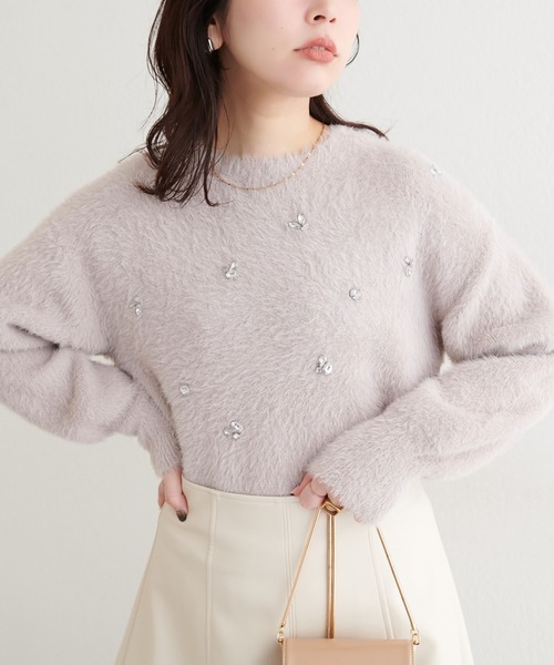 natural couture ニット セーター ふんわりシャギービジューニット